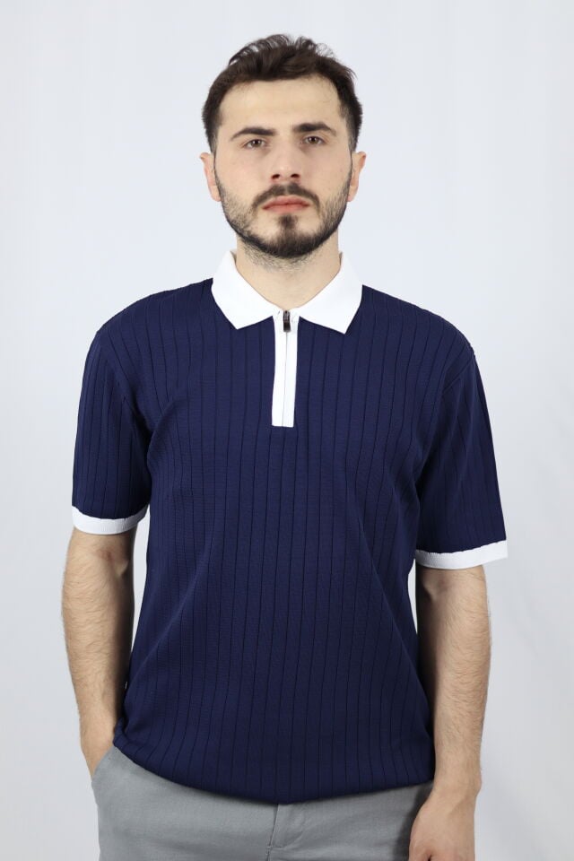 Fermuarlı Polo Yaka Regular Fit Fitilli Erkek Triko | VENTOV Lacivert Beyaz Yaka - S