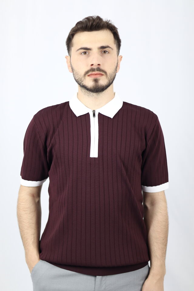 Fermuarlı Polo Yaka Regular Fit Fitilli Erkek Triko | VENTOV Bordo Beyaz Yaka - L