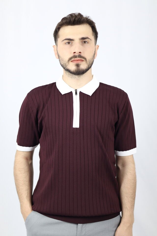 Fermuarlı Polo Yaka Regular Fit Fitilli Erkek Triko | VENTOV Bordo Beyaz Yaka - XXL