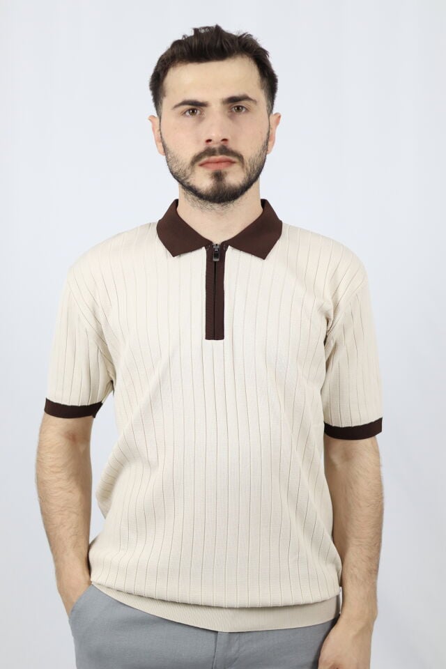 Fermuarlı Polo Yaka Regular Fit Fitilli Erkek Triko | VENTOV Ekru Kahverengi Yaka - XL