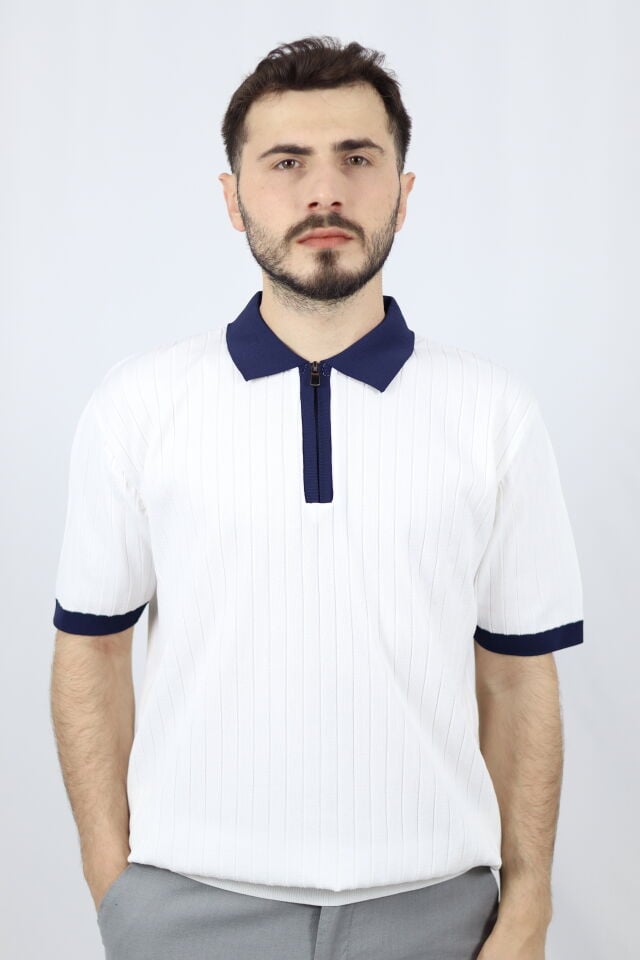 Fermuarlı Polo Yaka Regular Fit Fitilli Erkek Triko | VENTOV Beyaz Lacivert Yaka - S