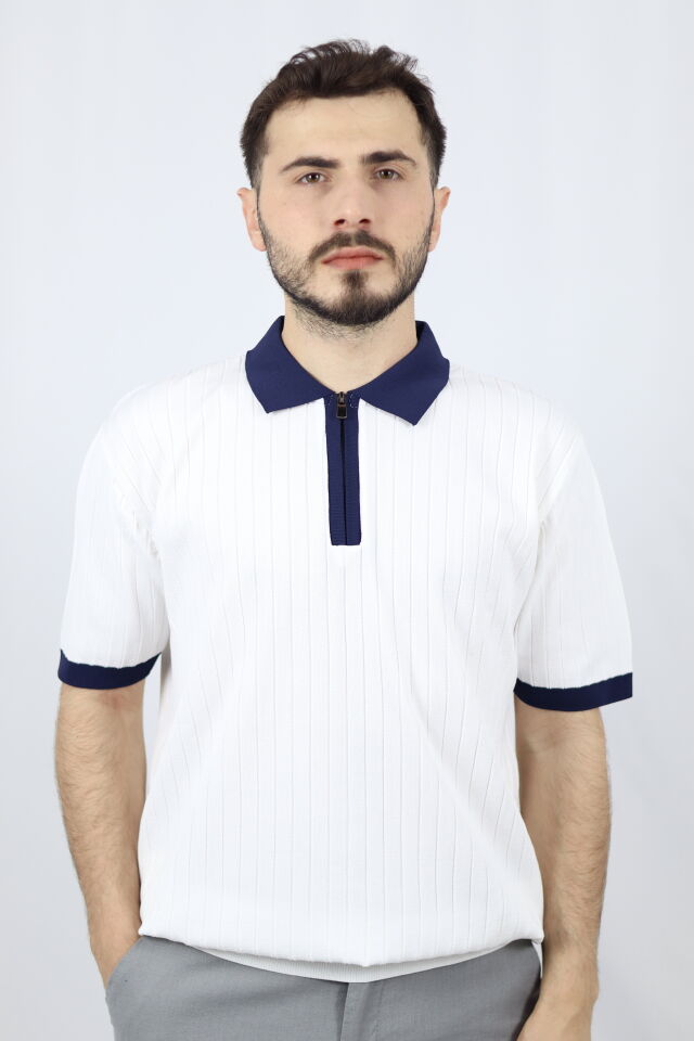 Fermuarlı Polo Yaka Regular Fit Fitilli Erkek Triko | VENTOV Beyaz Lacivert Yaka - L