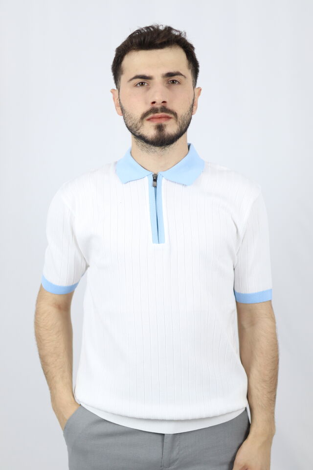 Fermuarlı Polo Yaka Regular Fit Fitilli Erkek Triko | VENTOV Beyaz Açık Mavi Yaka - XXL