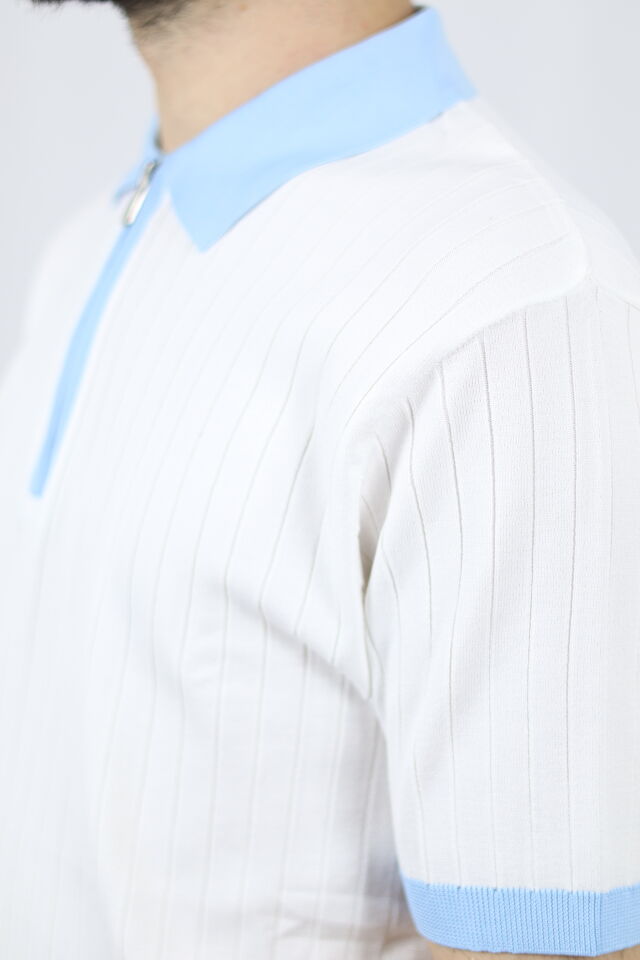 Fermuarlı Polo Yaka Regular Fit Fitilli Erkek Triko | VENTOV Beyaz Açık Mavi Yaka - XXL