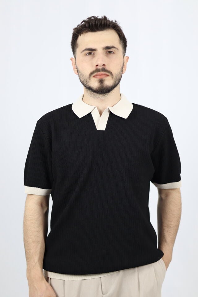 Polo V Yaka Fitilli Örgü Regular Fit Erkek Triko | VENTOV Siyah - M