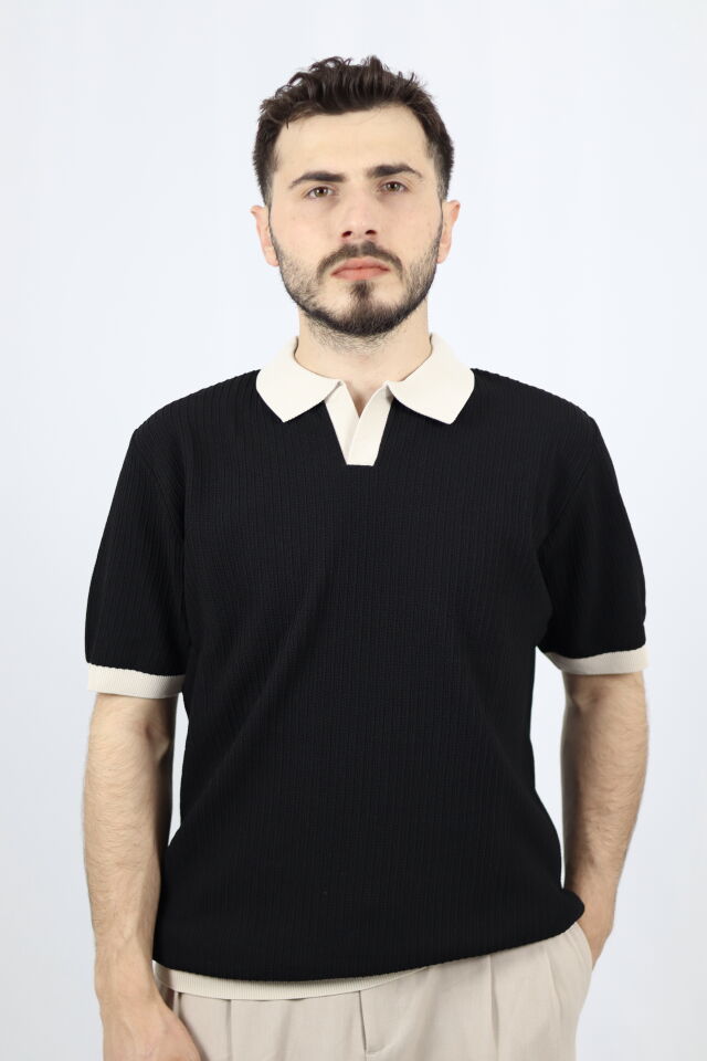 Polo V Yaka Fitilli Örgü Regular Fit Erkek Triko | VENTOV Siyah - XL