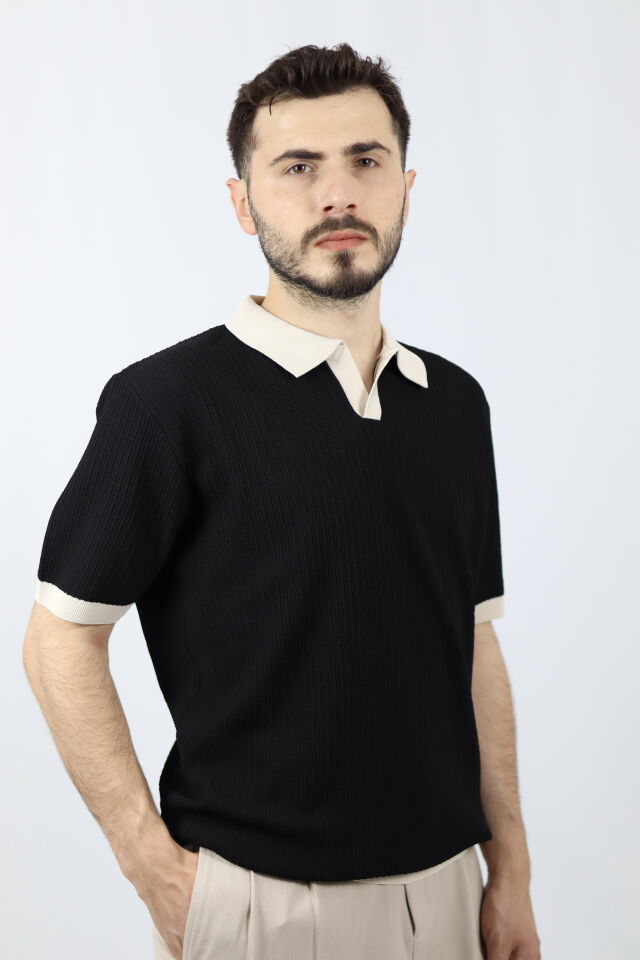 Polo V Yaka Fitilli Örgü Regular Fit Erkek Triko | VENTOV Siyah - XL
