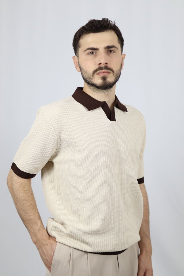 Polo V Yaka Fitilli Örgü Regular Fit Erkek Triko | VENTOV Ekru - S