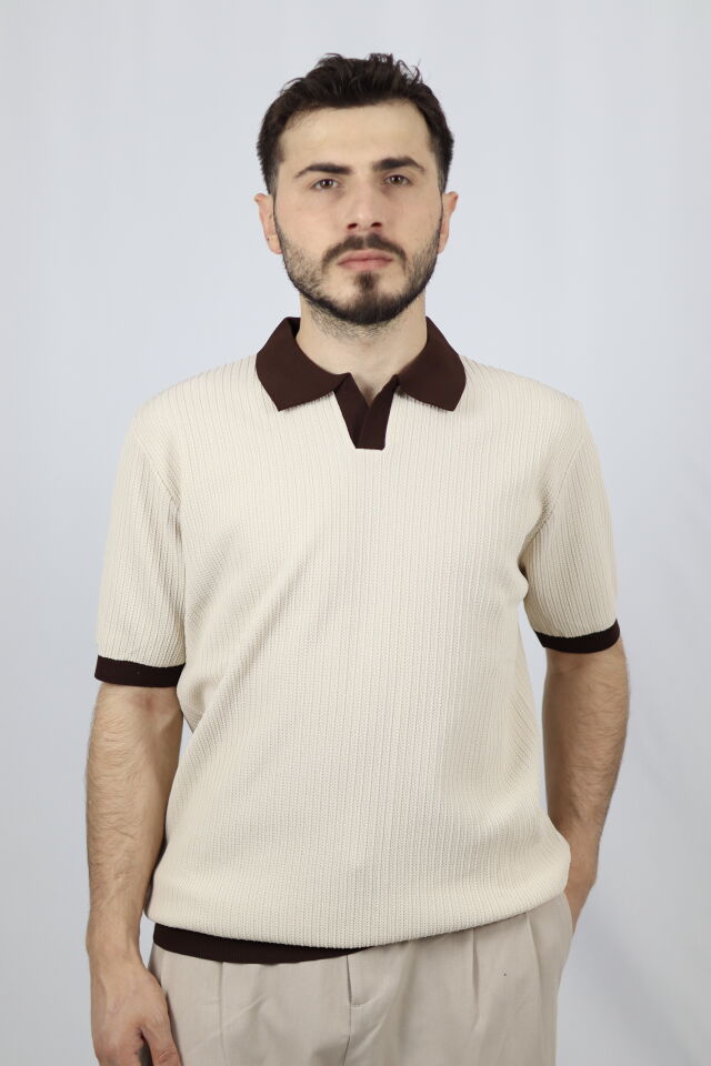 Polo V Yaka Fitilli Örgü Regular Fit Erkek Triko | VENTOV Ekru - L