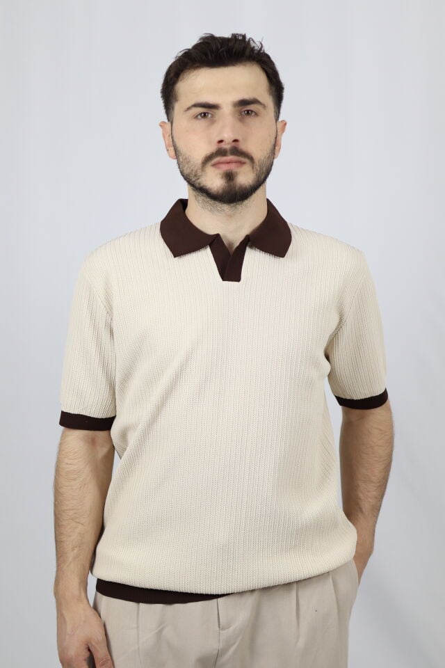 Polo V Yaka Fitilli Örgü Regular Fit Erkek Triko | VENTOV Ekru - XL