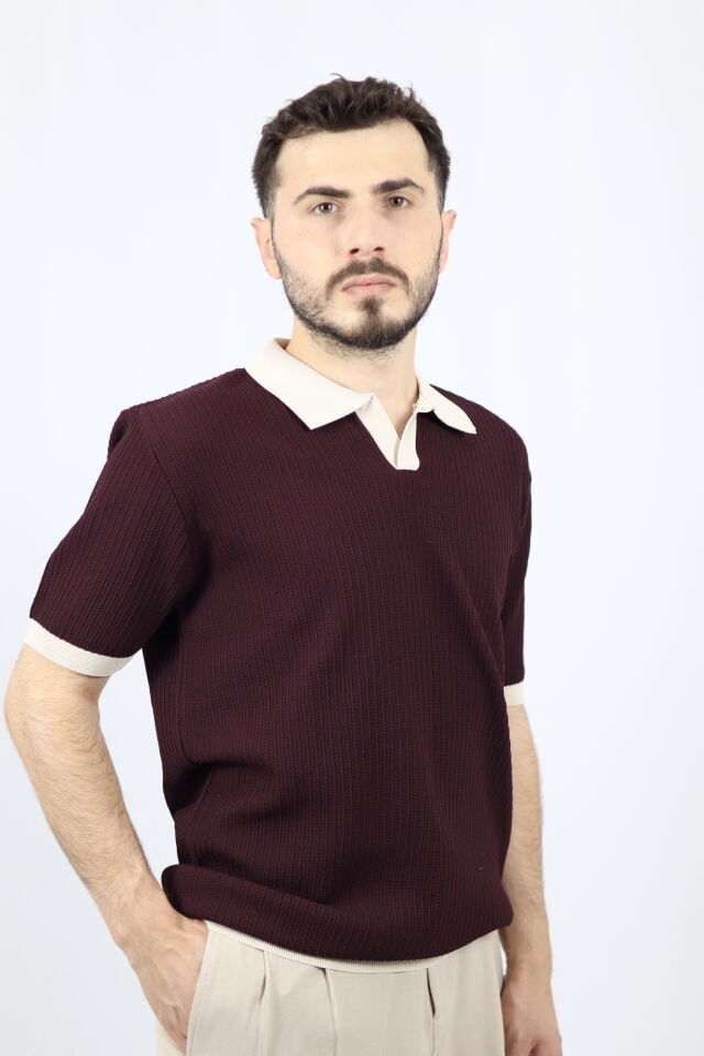 Polo V Yaka Fitilli Örgü Regular Fit Erkek Triko | VENTOV Bordo - L