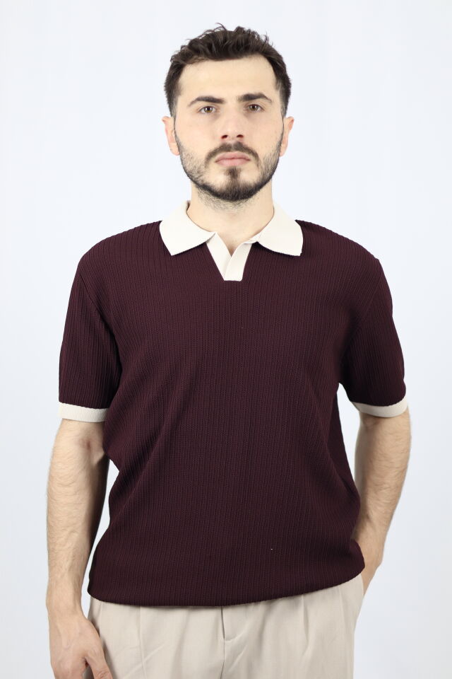 Polo V Yaka Fitilli Örgü Regular Fit Erkek Triko | VENTOV Bordo - XXL