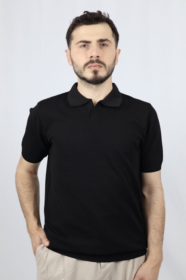Polo V Yaka Pirinç Örgü Regular Fit Erkek Triko | VENTOV Siyah - S