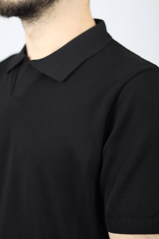 Polo V Yaka Pirinç Örgü Regular Fit Erkek Triko | VENTOV Siyah - XXL