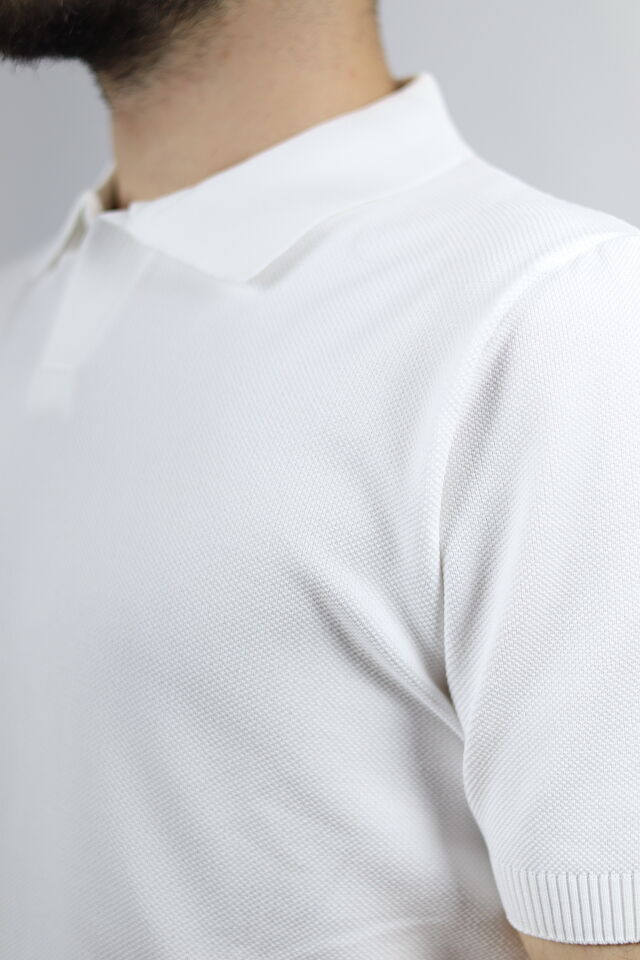 Polo V Yaka Pirinç Örgü Regular Fit Erkek Triko | VENTOV Beyaz - S