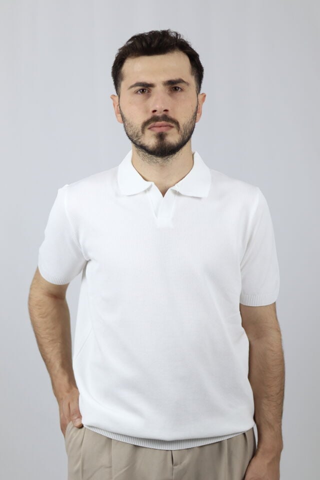 Polo V Yaka Pirinç Örgü Regular Fit Erkek Triko | VENTOV Beyaz - XXL