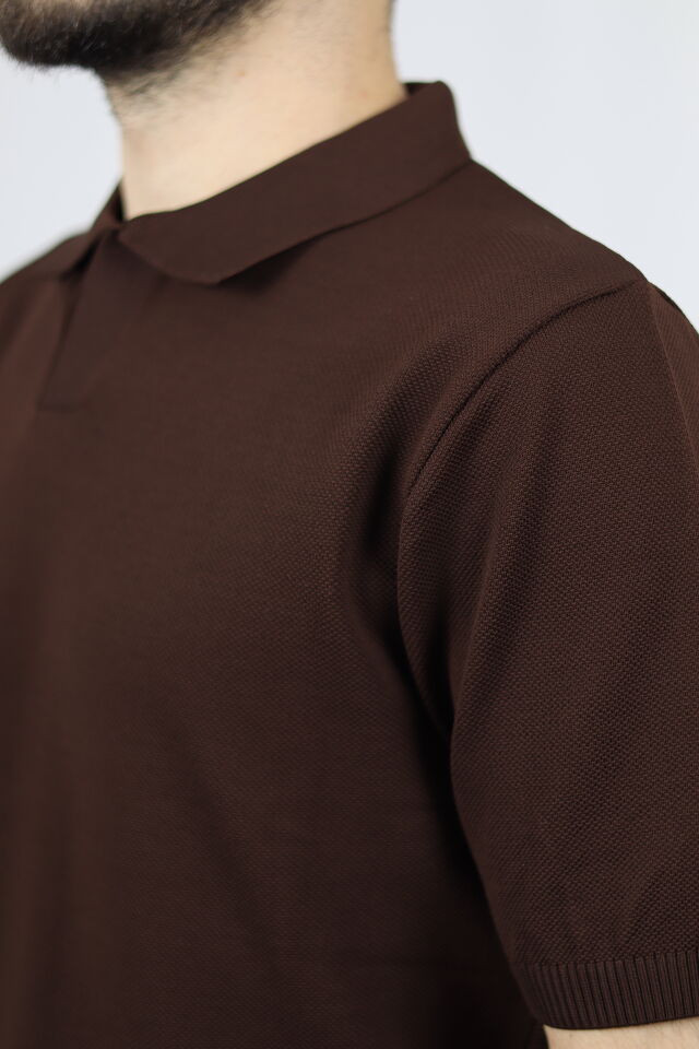 Polo V Yaka Pirinç Örgü Regular Fit Erkek Triko | VENTOV Kahverengi - S