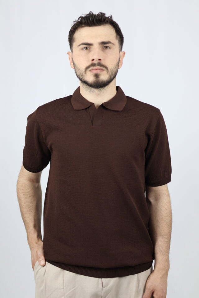 Polo V Yaka Pirinç Örgü Regular Fit Erkek Triko | VENTOV Kahverengi - L