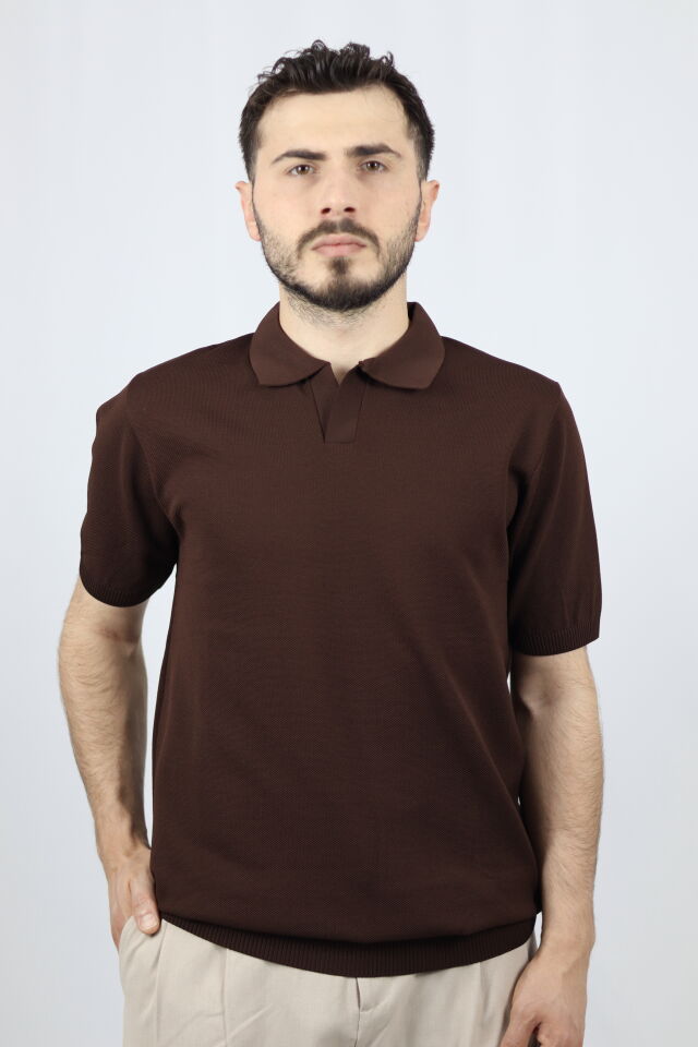 Polo V Yaka Pirinç Örgü Regular Fit Erkek Triko | VENTOV Kahverengi - XXL