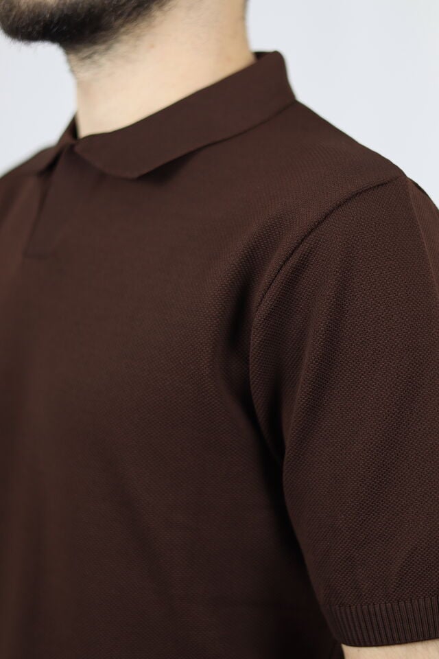 Polo V Yaka Pirinç Örgü Regular Fit Erkek Triko | VENTOV Kahverengi - XXL