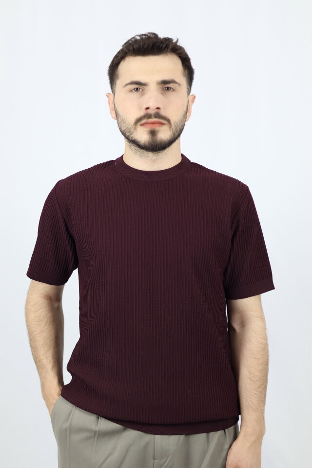 Bisiklet Yaka Fitilli Örgü Regular Fit Erkek Triko | VENTOV Bordo - S