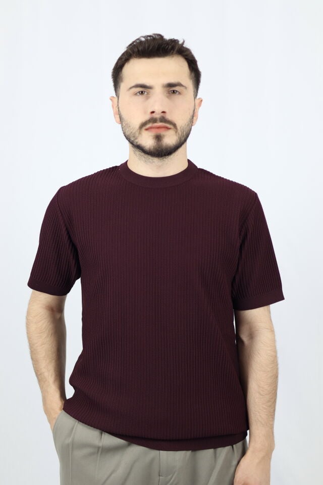 Bisiklet Yaka Fitilli Örgü Regular Fit Erkek Triko | VENTOV Bordo - M