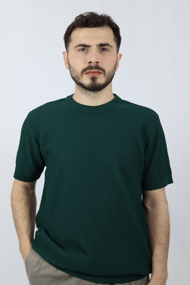 Bisiklet Yaka Fitilli Örgü Regular Fit Erkek Triko | VENTOV Yeşil - XXL