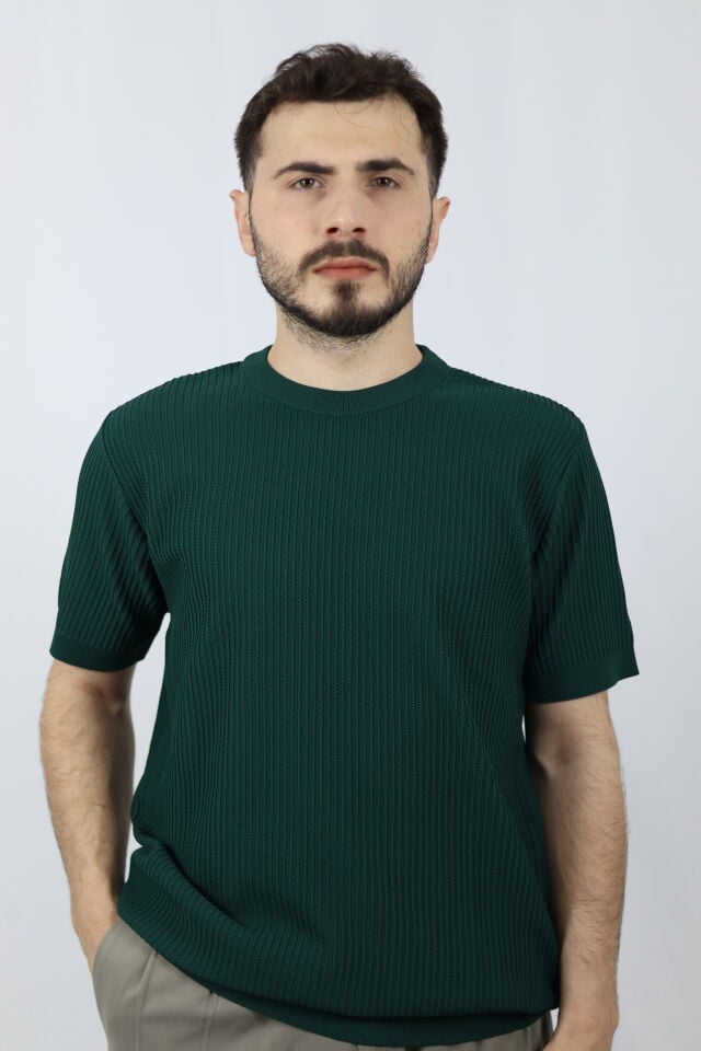 Bisiklet Yaka Fitilli Örgü Regular Fit Erkek Triko | VENTOV Yeşil - XXL