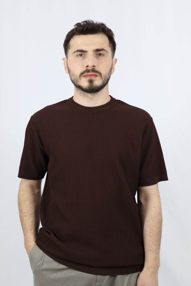 Bisiklet Yaka Fitilli Örgü Regular Fit Erkek Triko | VENTOV Kahverengi - XXL