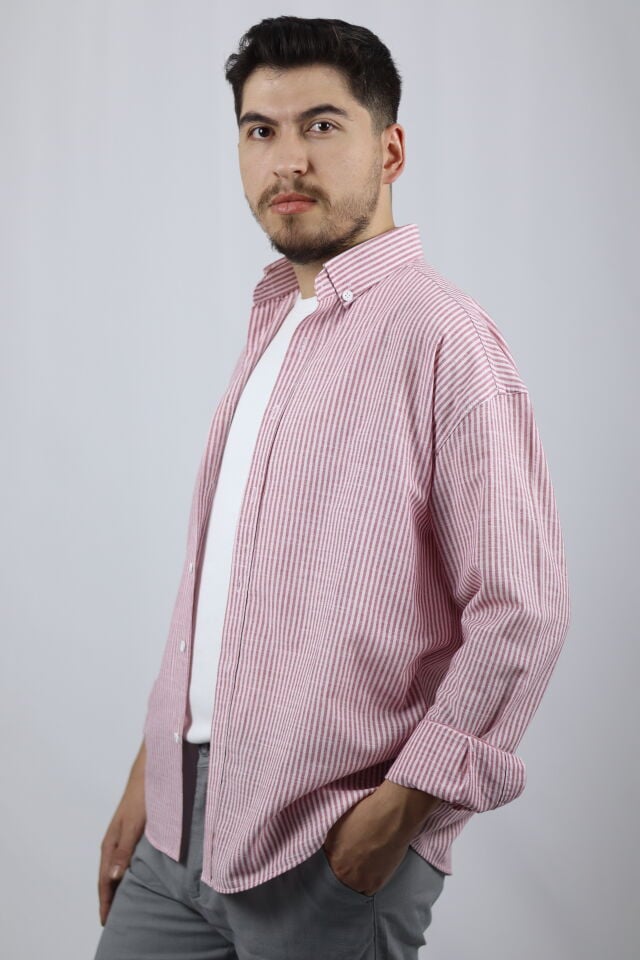 Çizgili Düğmeli Yaka Regular Fit Erkek Gömlek | VENTOV Bordo - M