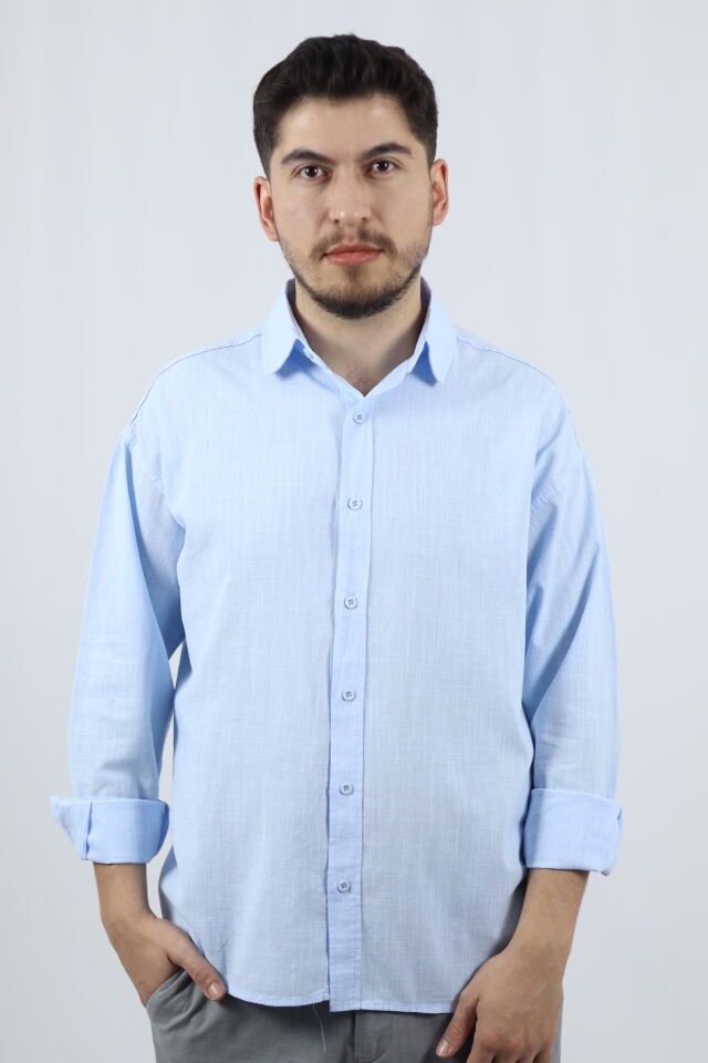 Dokulu %100 Pamuk Regular Fit Erkek Gömlek | VENTOV Mavi - XXL