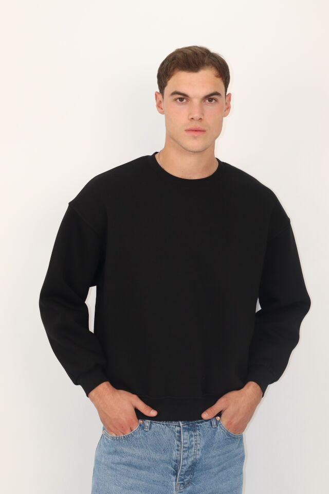 Box Fit Oversize Bisiklet Yaka Erkek Sweatshirt | VENTOV Siyah - S