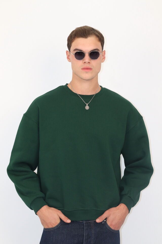 Box Fit Oversize Bisiklet Yaka Erkek Sweatshirt | VENTOV Yeşil - S