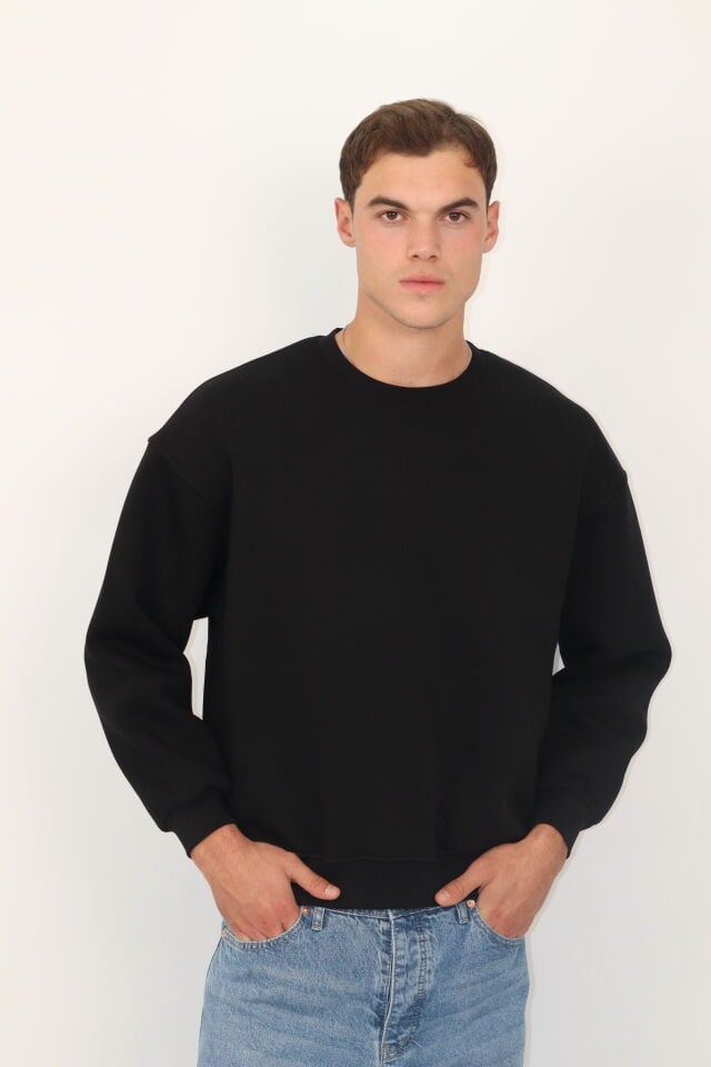 Box Fit Oversize Bisiklet Yaka Erkek Sweatshirt | VENTOV Siyah - L