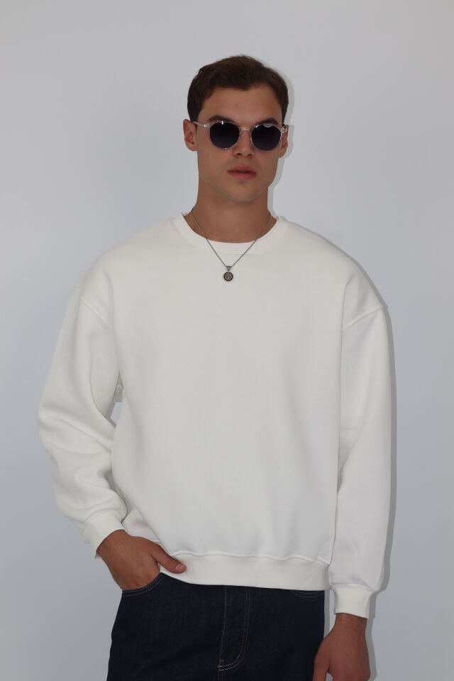 Box Fit Oversize Bisiklet Yaka Erkek Sweatshirt | VENTOV Beyaz - L
