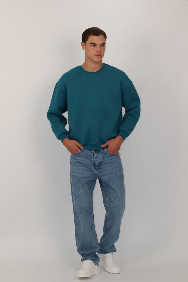 Box Fit Oversize Bisiklet Yaka Erkek Sweatshirt | VENTOV Turkuaz - L