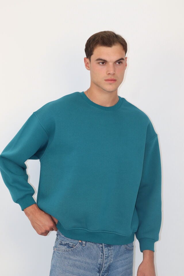 Box Fit Oversize Bisiklet Yaka Erkek Sweatshirt | VENTOV Turkuaz - L