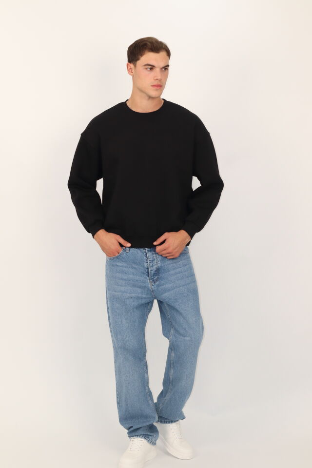 Box Fit Oversize Bisiklet Yaka Erkek Sweatshirt | VENTOV Siyah - XL