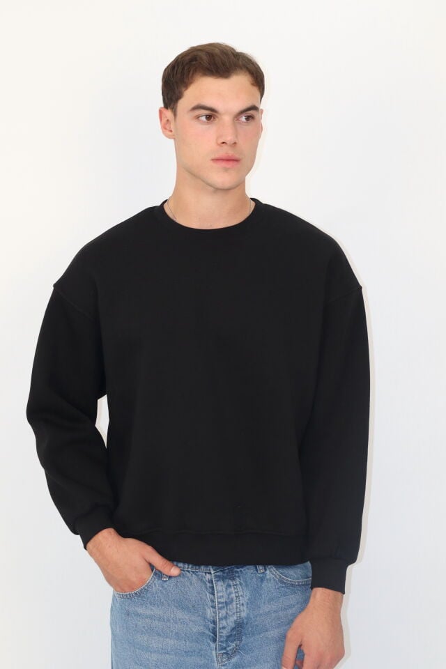 Box Fit Oversize Bisiklet Yaka Erkek Sweatshirt | VENTOV Siyah - XL