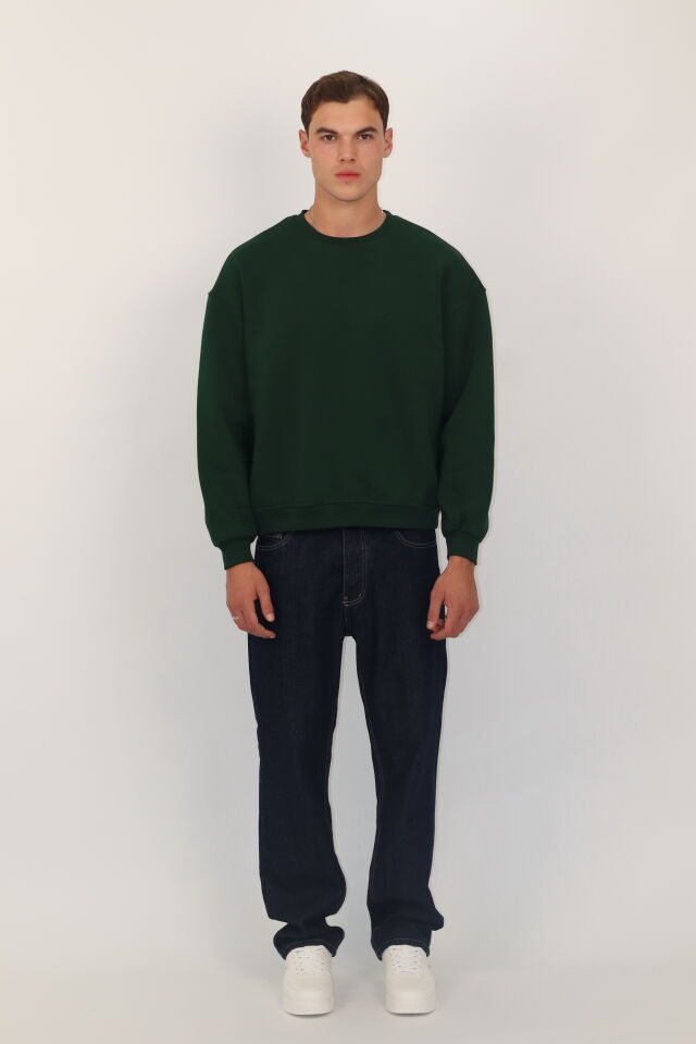 Box Fit Oversize Bisiklet Yaka Erkek Sweatshirt | VENTOV Yeşil - XL