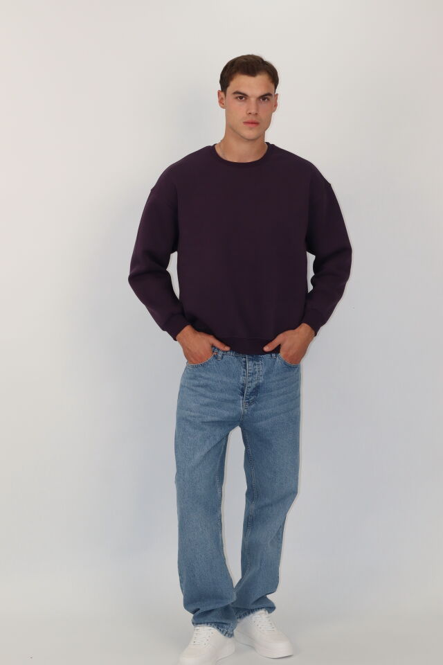 Box Fit Oversize Bisiklet Yaka Erkek Sweatshirt | VENTOV MOR - XL