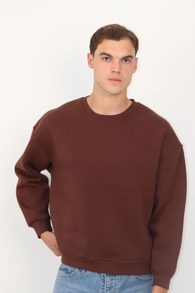 Box Fit Oversize Bisiklet Yaka Erkek Sweatshirt | VENTOV Kahverengi - XL