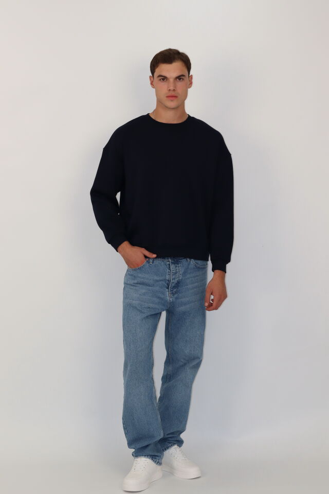 Box Fit Oversize Bisiklet Yaka Erkek Sweatshirt | VENTOV Lacivert - XL