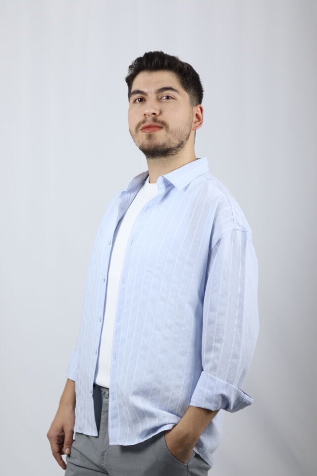 Çizgili Pamuk Karışımlı Relaxed Fit Erkek Gömlek | VENTOV Mavi - M
