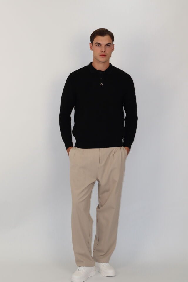 Polo Düğmeli Yaka Örgü Regular Fit Erkek Triko Kazak | VENTOV Siyah - S
