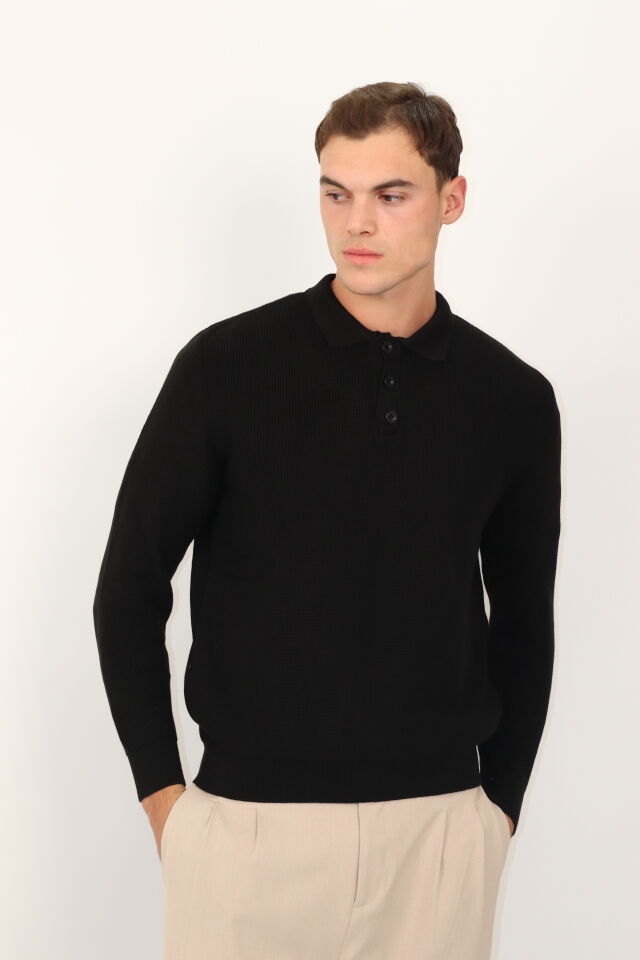 Polo Düğmeli Yaka Örgü Regular Fit Erkek Triko Kazak | VENTOV Siyah - M