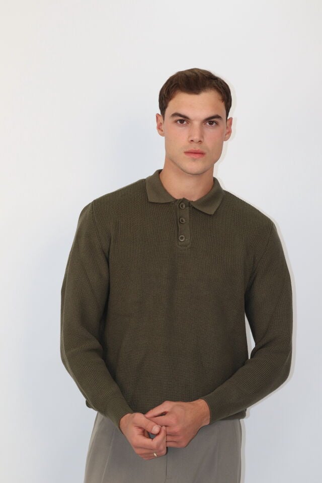 Polo Düğmeli Yaka Örgü Regular Fit Erkek Triko Kazak | VENTOV Haki - M
