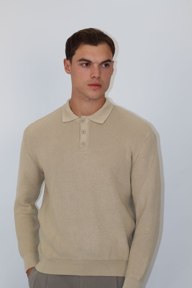 Polo Düğmeli Yaka Örgü Regular Fit Erkek Triko Kazak | VENTOV Bej - M