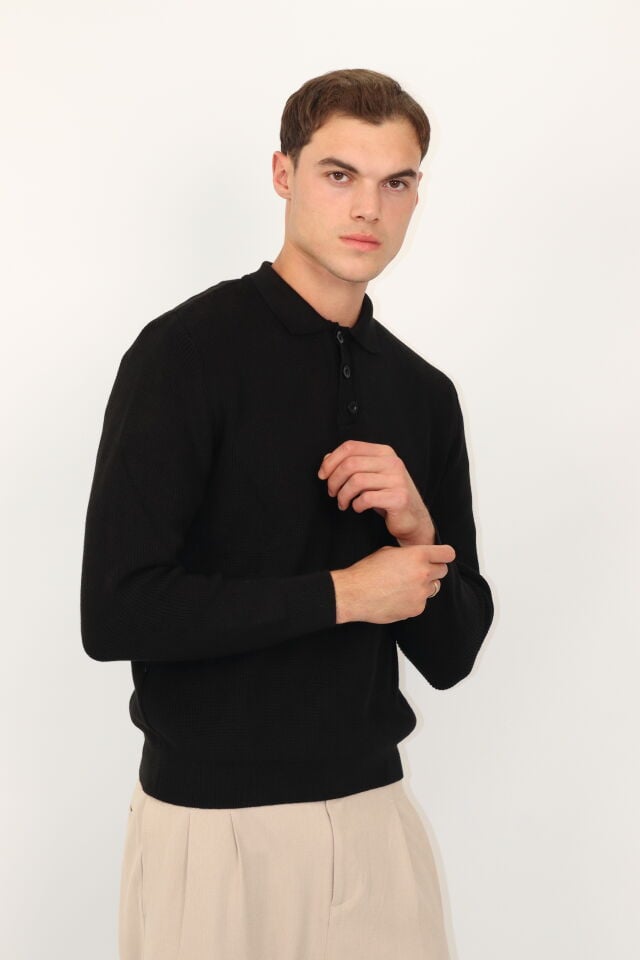 Polo Düğmeli Yaka Örgü Regular Fit Erkek Triko Kazak | VENTOV Siyah - L