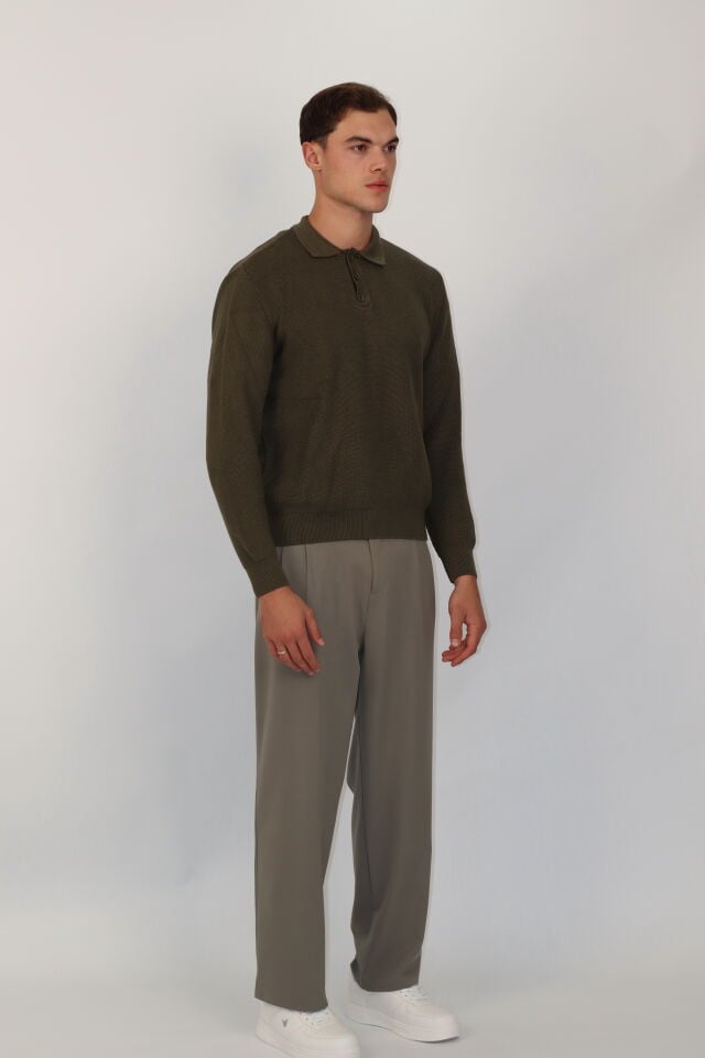 Polo Düğmeli Yaka Örgü Regular Fit Erkek Triko Kazak | VENTOV Haki - XL